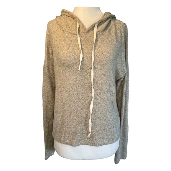 Acemi Fleece Hoodie Sweatshirt Tan Heather Knit Cropped Long Sleeve Pull-Over S - Picture 1 of 5
